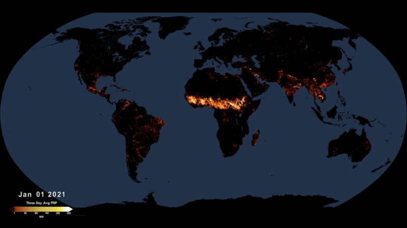 Aktywny ogień zaobserwowany z satelitów przy użyciu radiometrów do obrazowania w podczerwieni.  Źródło: NASA's Scientific Visualization Studio / Trent L. Schindler