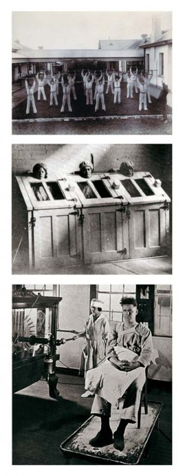 Od góry: Mężczyźni ćwiczący w Metropolitan lunatic asylum, Kew, Australia; Hydroterapia – szafki parowe stosowane w szpitalach psychiatrycznych, 1910; Elektroterapia, pacjent psychiatryczny, około 1900, fot. S.B. Burns.