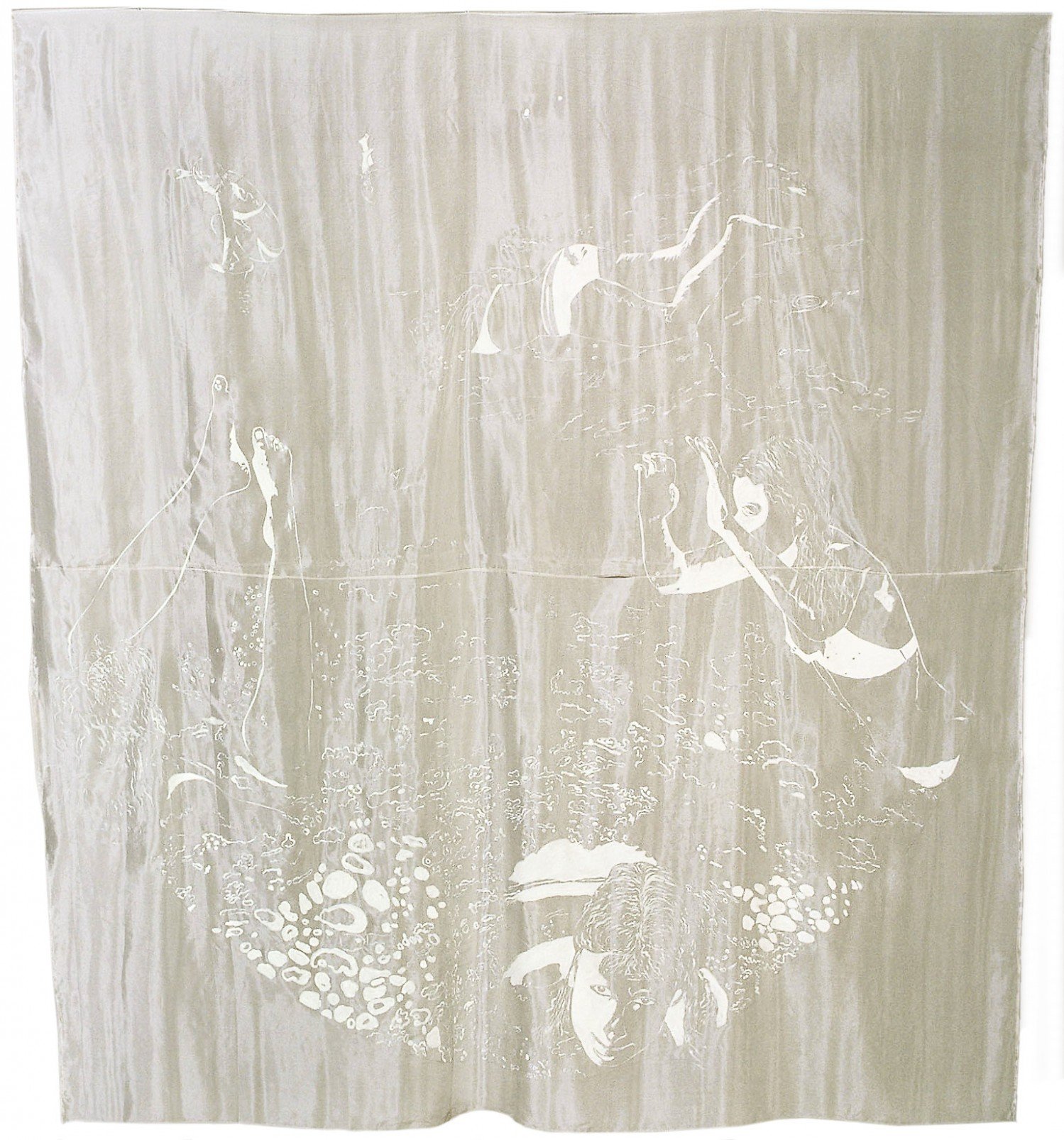 Morze, 1980, akryl na białym jedwabiu, fragment instalacji „Podróż” w galerii MDM, Warszawa, 1981, fot. E.Kuryluk