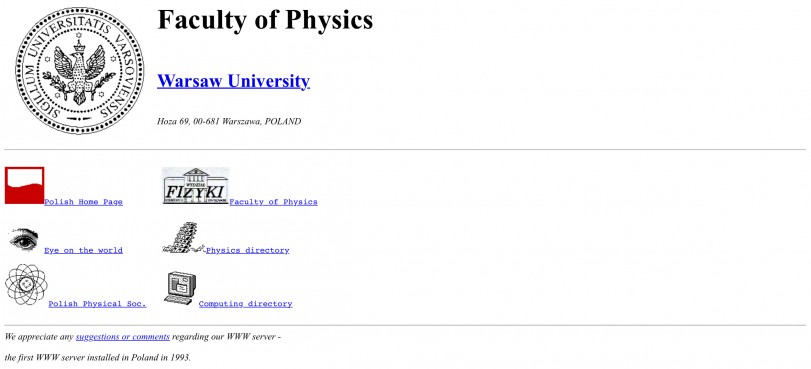Pierwsza strona internetowa Wydziału Fizyki UW