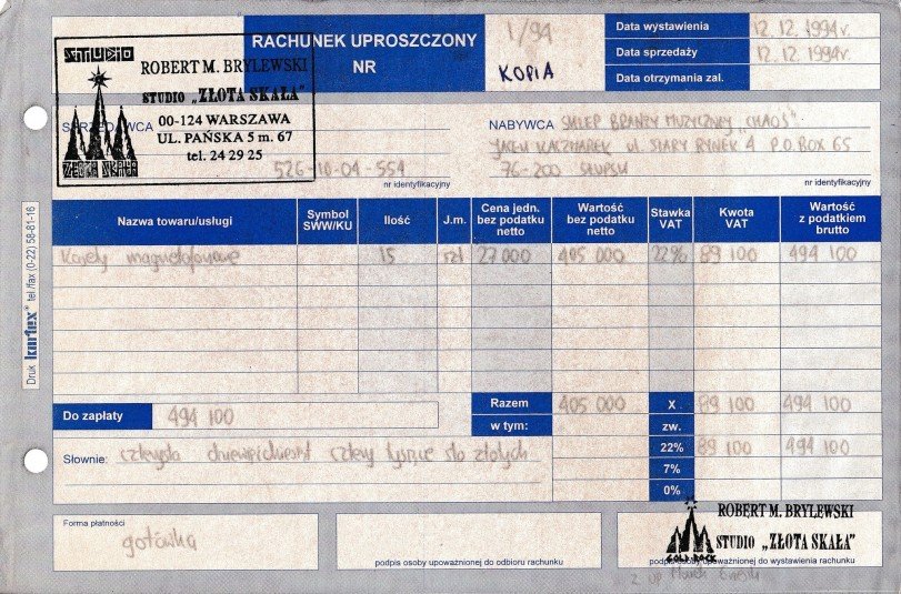 Rachunek za sprzedaż kaset wystawiony przez Roberta Brylewskiego i Studio Złota Skała, fot. prywante archiwum Rafała Szymańskiego
