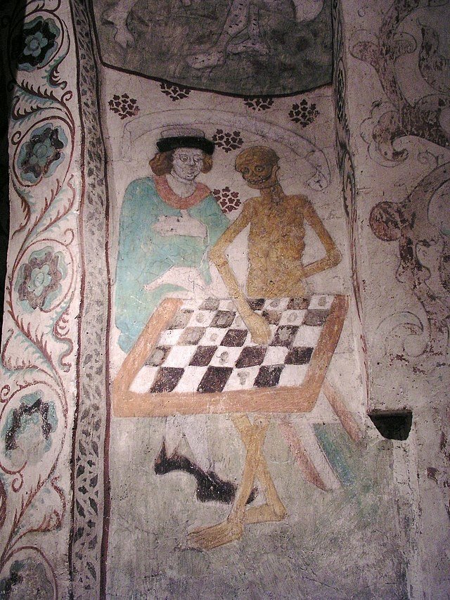 Kościół w Täby – Śmierć grająca w szachy pędzla Albertusa Pictora (1440-1507). Tym właśnie malowidłem inspirował się Ingmar Bergman kręcąc Siódmą pieczęć (1).jpg