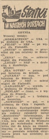Statki w naszych portach, „Dziennik Bałtycki” z 29 maja 1957 roku