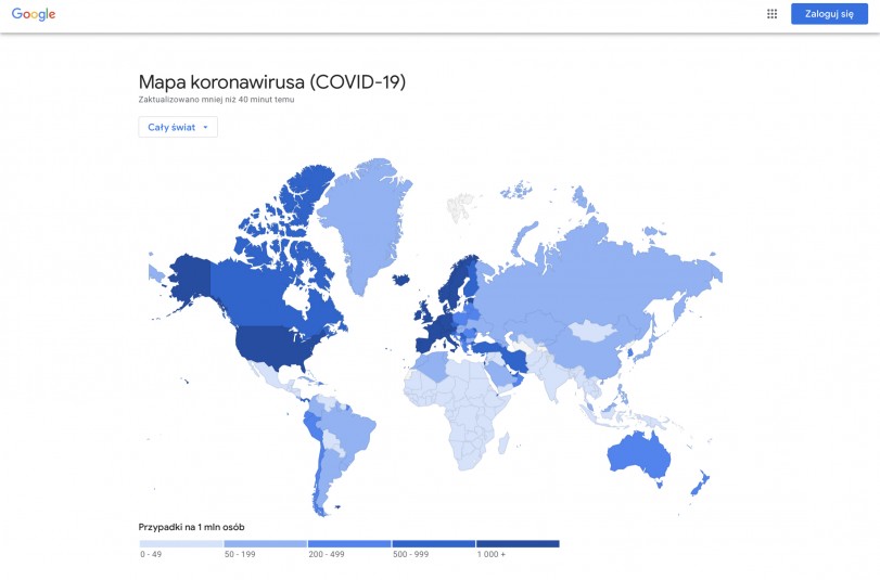 Strona firmy Google poświęcona informacjom o COVID-19