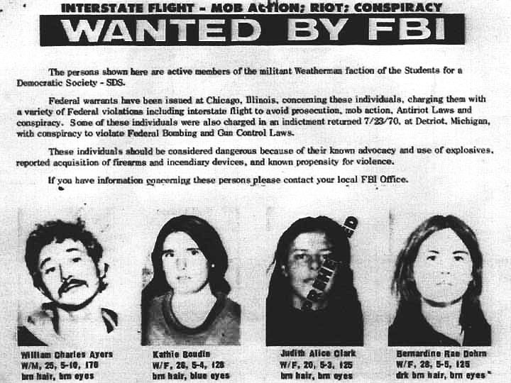 Poszukiwani przez FBI: William Charley Ayers, Kathie Boudin, Judith Alice Clark, Bernardine Rae Dohrn