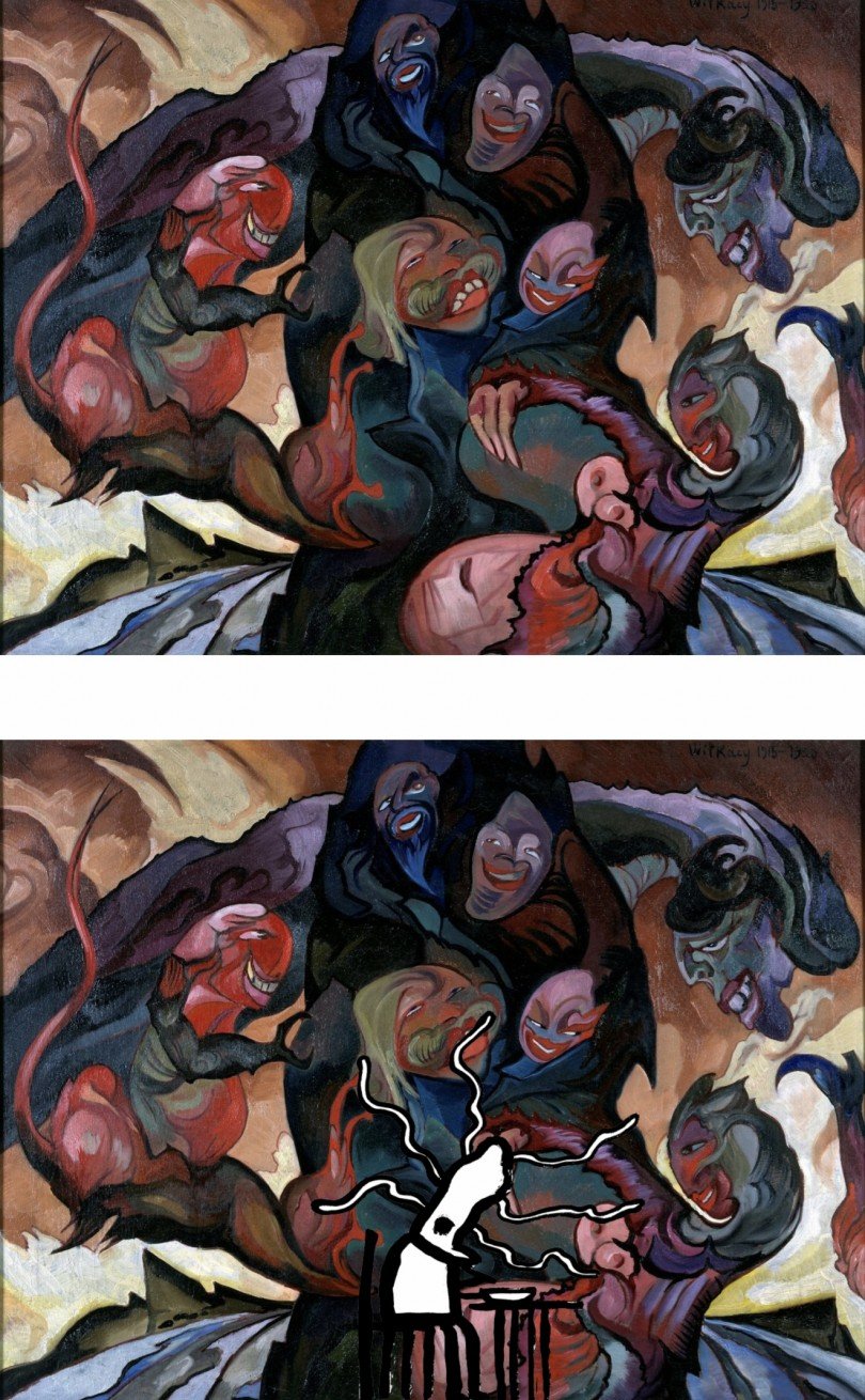 U góry: Stanisław Ignacy Witkiewicz, „Kompozycja fantastyczna”, 1920, Muzeum Narodowe w Warszawa. Na dole: ten sam obraz zmieniony przez Jacka Świdzińskiego