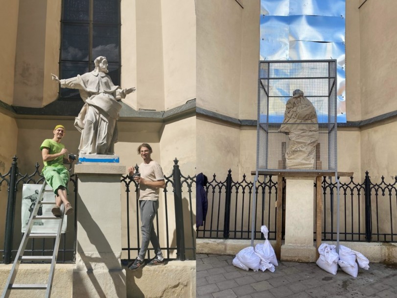 Po lewej: konserwacja rzeźb dookoła Katedry Łacińskiej we Lwowie wykonana przed wojną przez Saszę i Maksa z zespołu konserwatorskiego, w którym pracuje Anna; po prawej: zabezpieczenie tych samych rzeźb po wybuchu wojny wykonane przez Saszę w 2023 r.; dzięki uprzejmości – Anna Kudzia i Ukraina Pomagamy